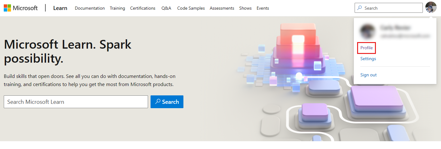 Captura de tela da home page do Microsoft Learn com o menu suspenso de perfil exibido.